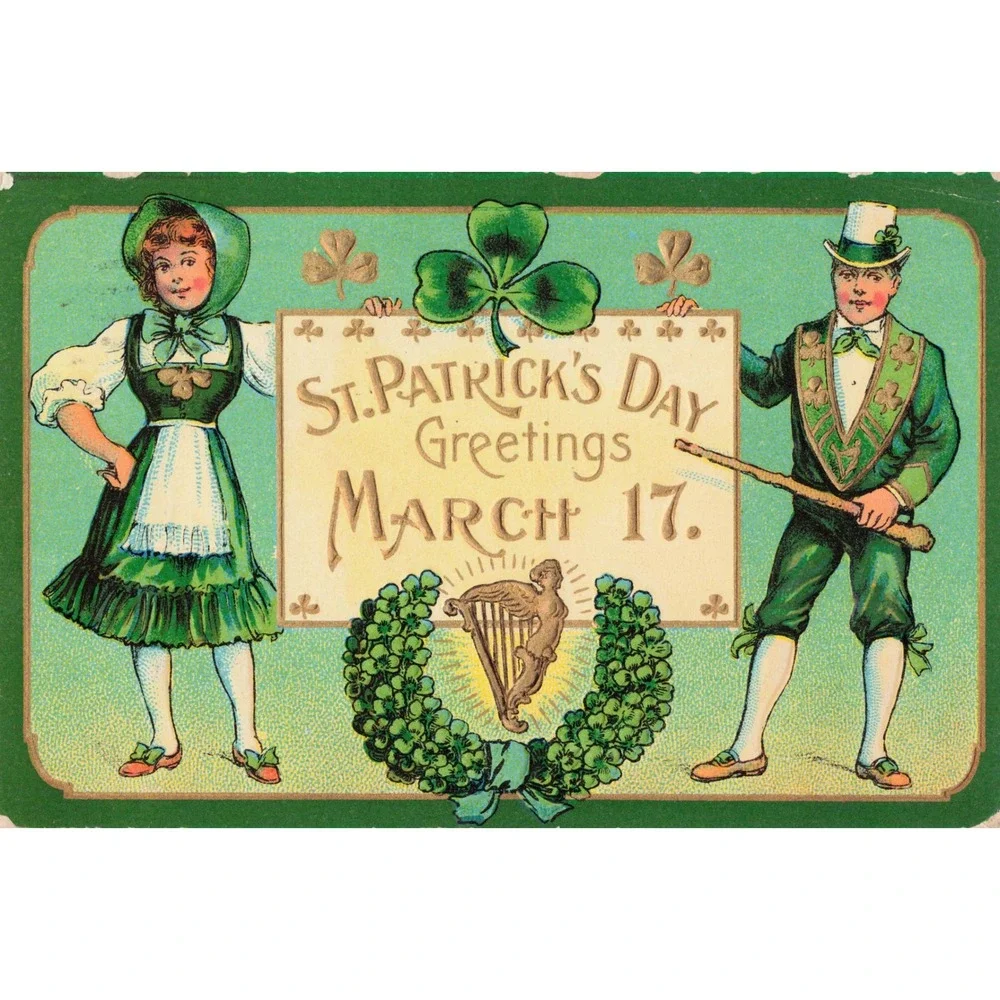 St Patricks Day Postcard Irish Couple Shamrocks Harp 1910 Embossed Antique